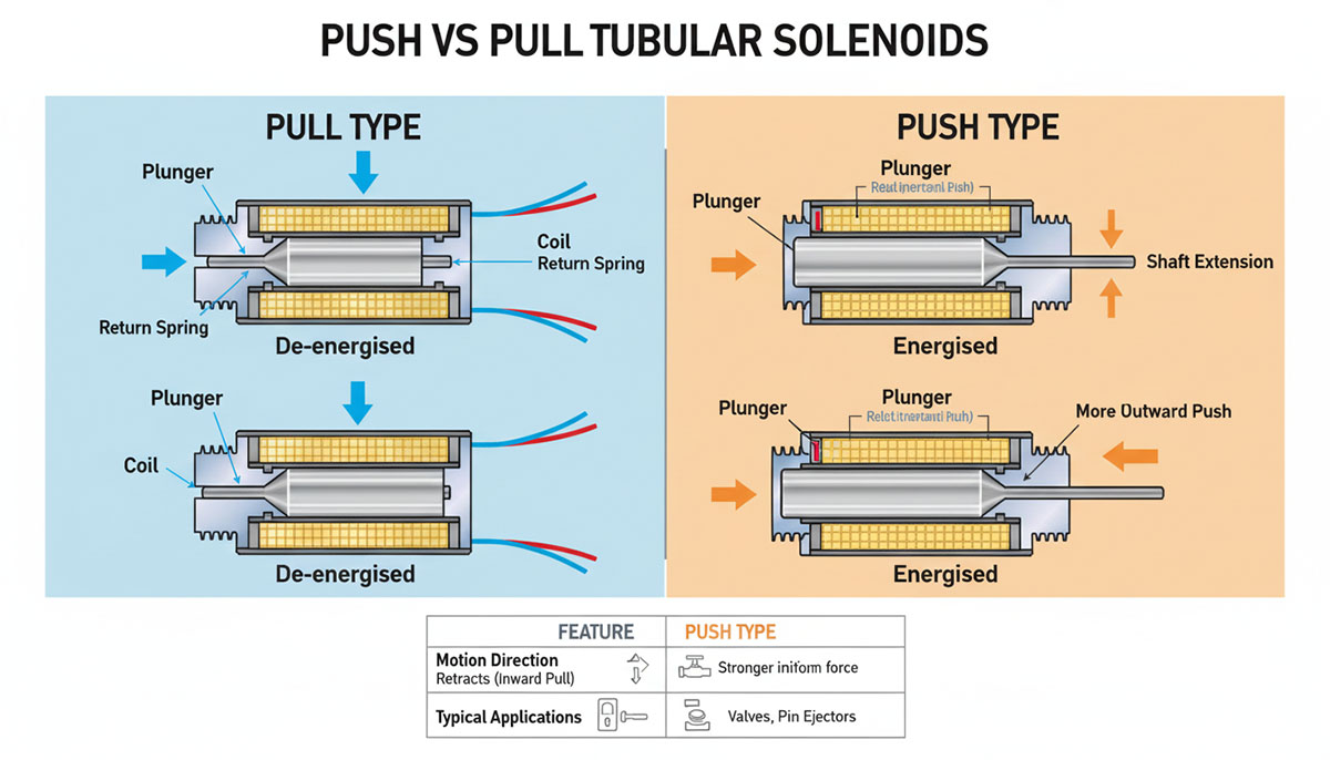 Solenoide tubular de empuje vs. de tracción