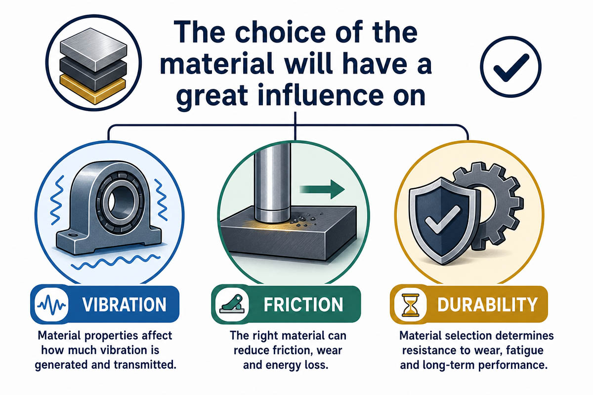 The choice of the material will have a great influence on vibration, friction and durability.