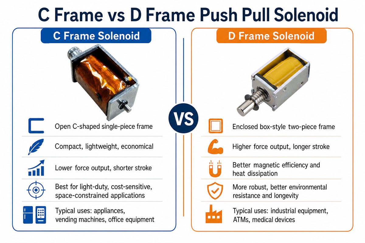 Ang pagkakaiba sa pagitan ng C Frame at D Frame Push Pull Solenoid