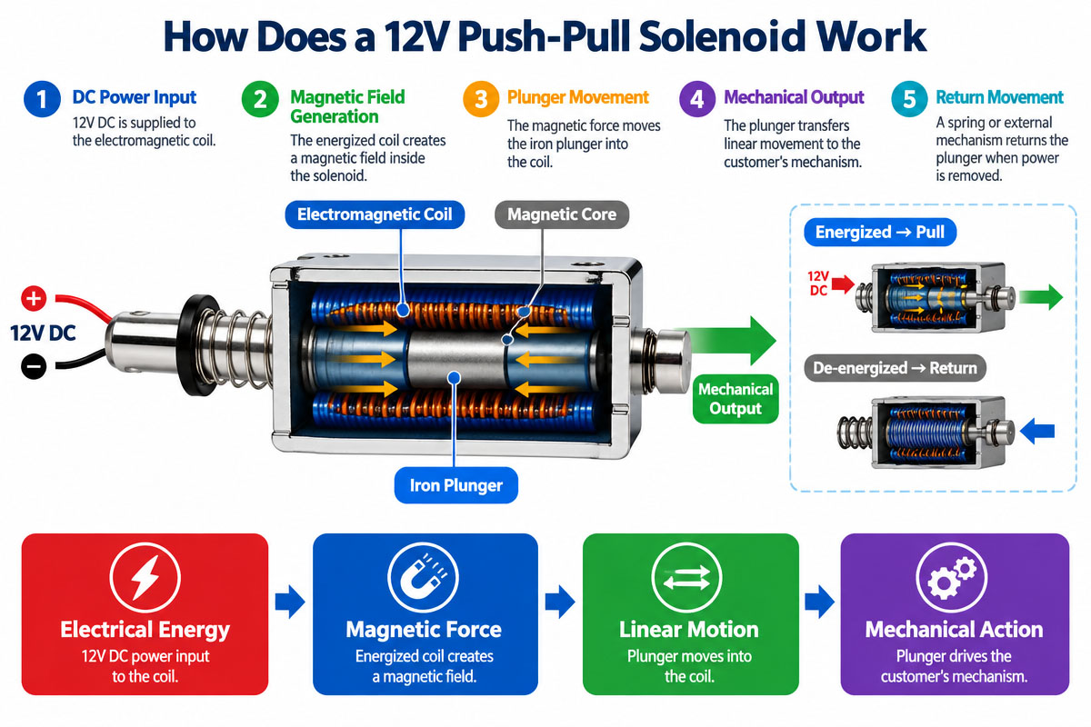 12V Push-Pull Solenoid Working Principle Explained