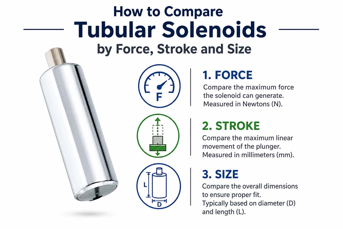 How to compare tubular solenoids by force stroke and size