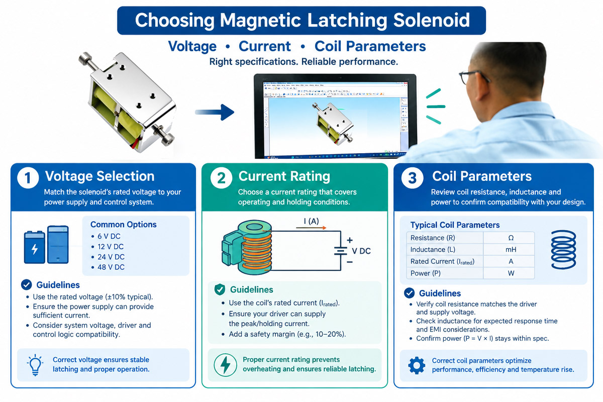 Magnetic Latching solenoid voltage, current and soil selection